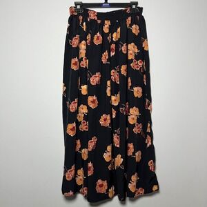 CLIO Dark Floral Print Maxi Skirt Black Size Medium Elastic Waist Vintage USA